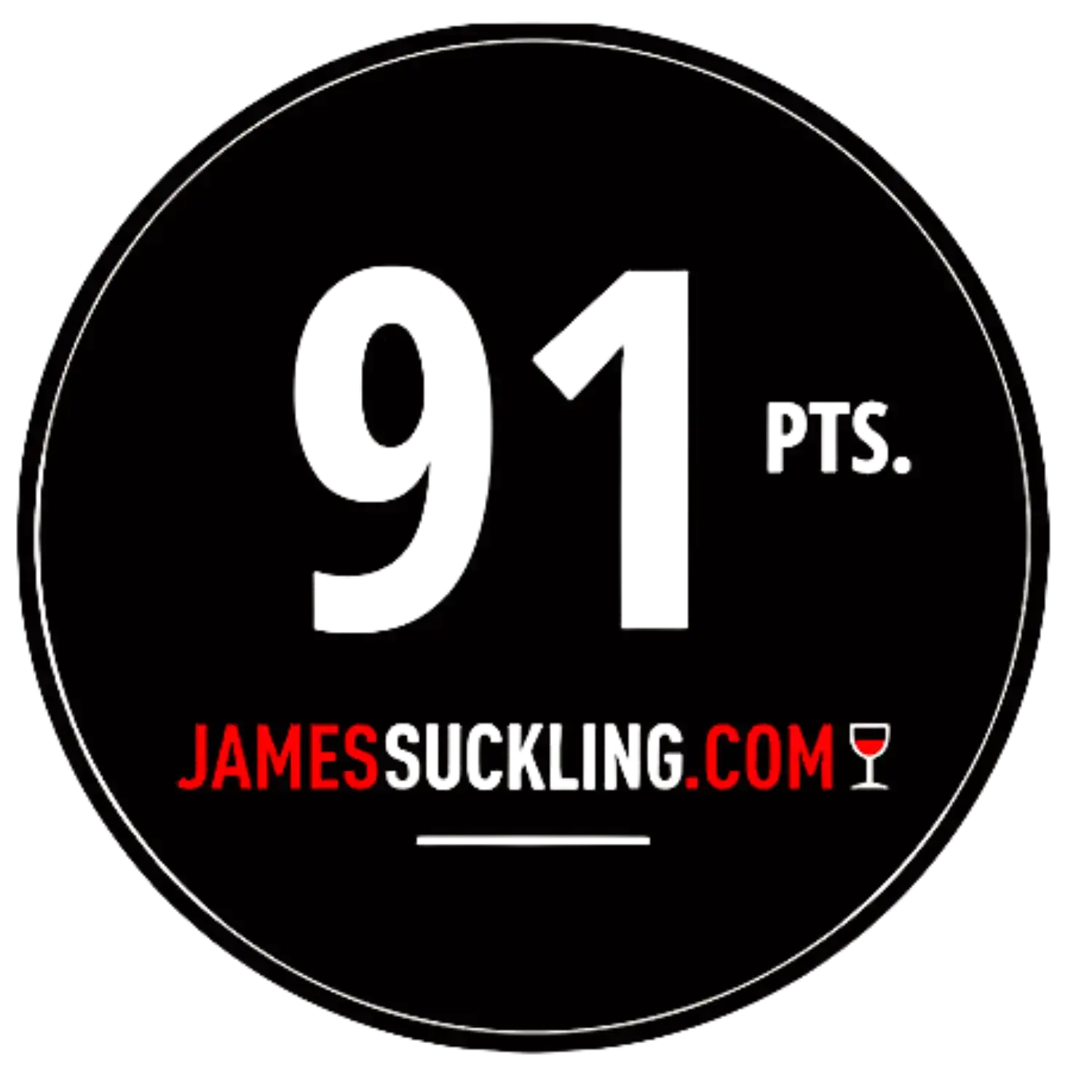 Sigla cu fundal negru si numarul de puncte in culoare alba reprezentand premiul James Suckling 91 puncte