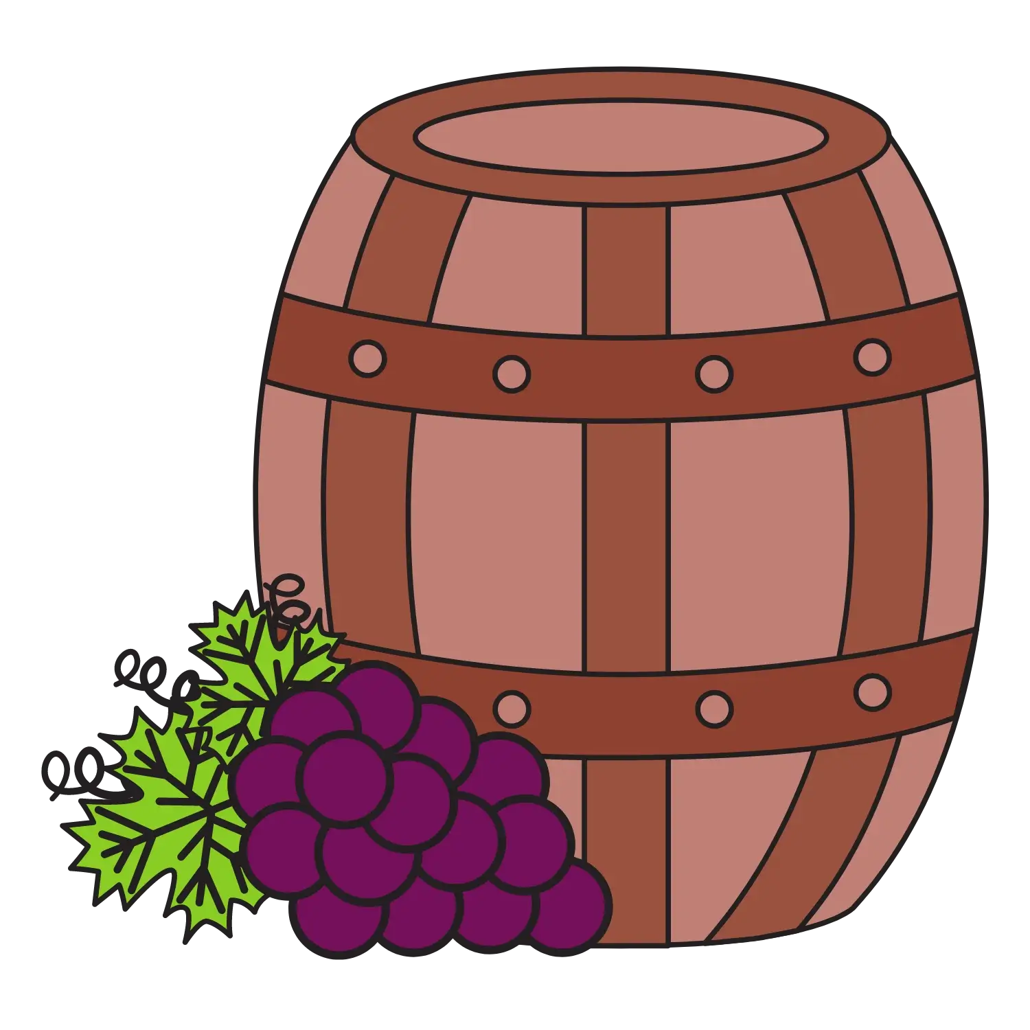ilustratie cu un butoi de vin si ciorchini de struguri mov