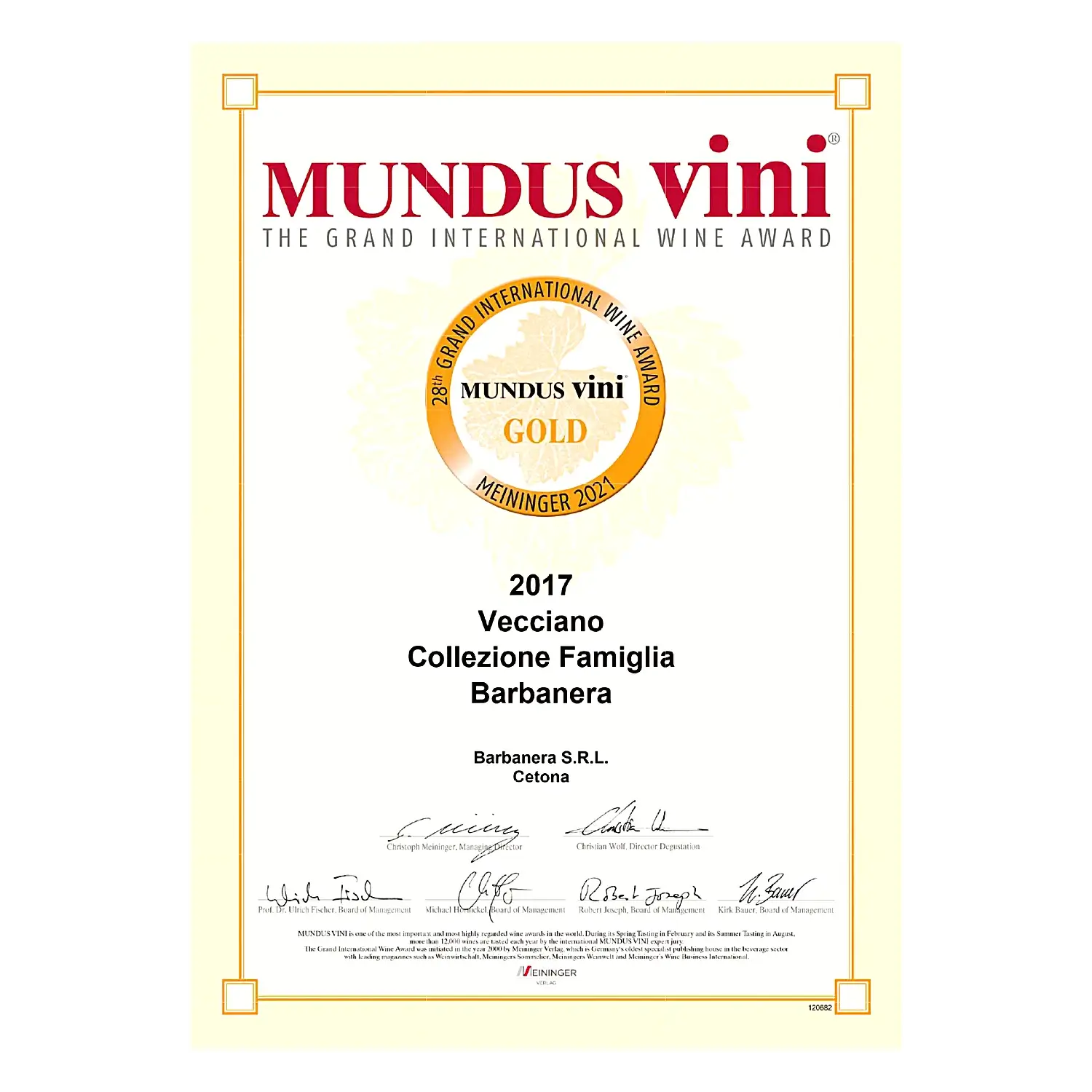 diploma premiului Mundus Vini Gold medal pentru colectia de vinuri Famiglia Barbanera 2017