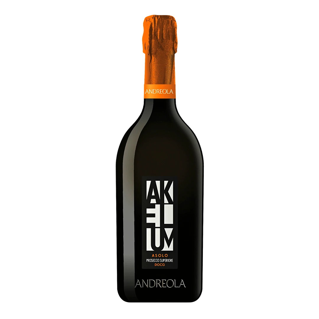Sticla de prosecco brand Akelum, crama Andreola cu ambalaj portocaliu