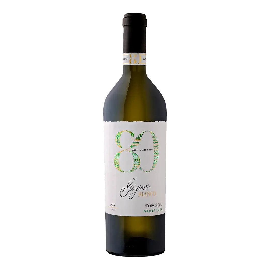 Sticla de vin alb brand Vecciano, crama Barbanera cu ambalaj alb, verde si negru