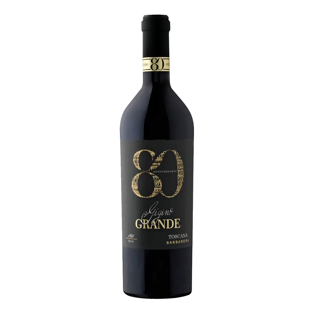 Sticla de vin rosu brand Gigino 80 Grande, crama Barbanera cu ambalaj negru si auriu