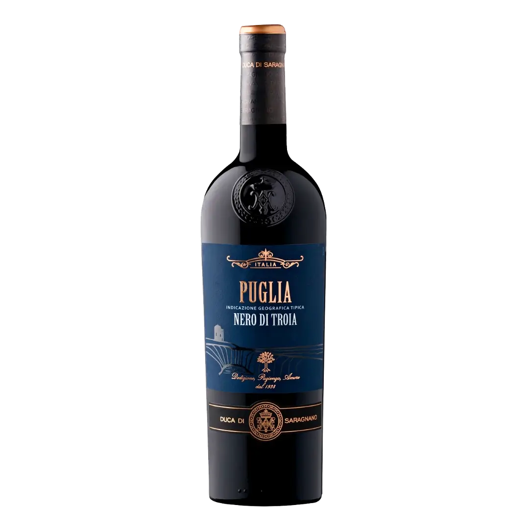 Sticla de vin rosu brand Puglia Nero Di Troia, crama Barbanera cu ambalaj albastru si auriu