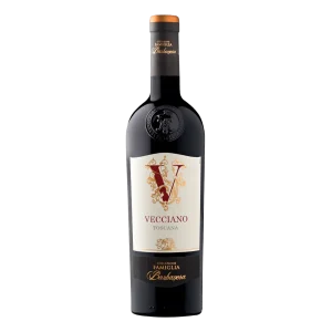 Sticla de vin rosu brand Vecciano, crama Barbanera cu ambalaj negru, auriu si rosu