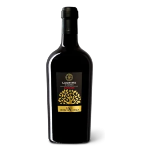 Sticla de vin rosu brand Lacrima Di Morro, crama Velenosi cu ambalaj negru si auriu