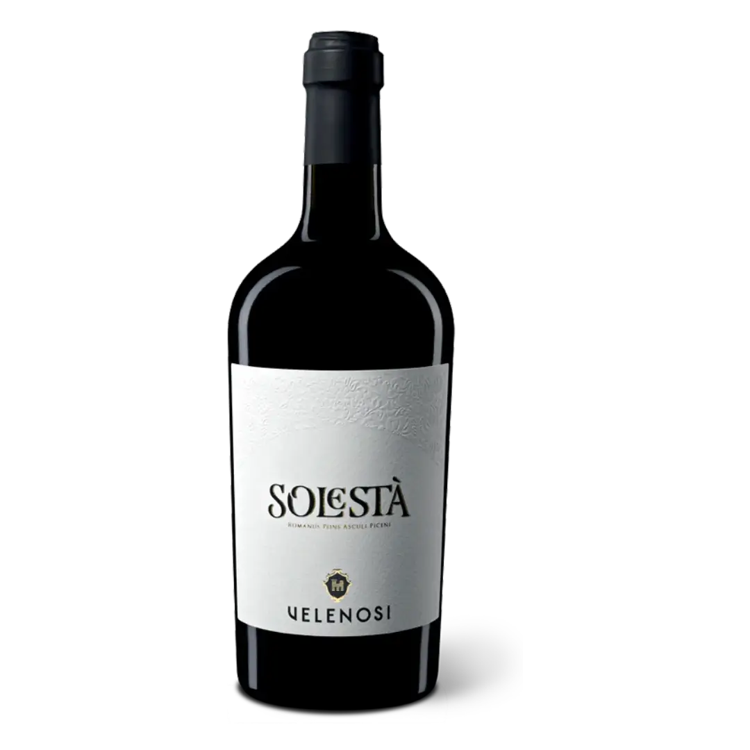 Sticla de vin rosu brand Solesta, crama Velenosi cu ambalaj alb