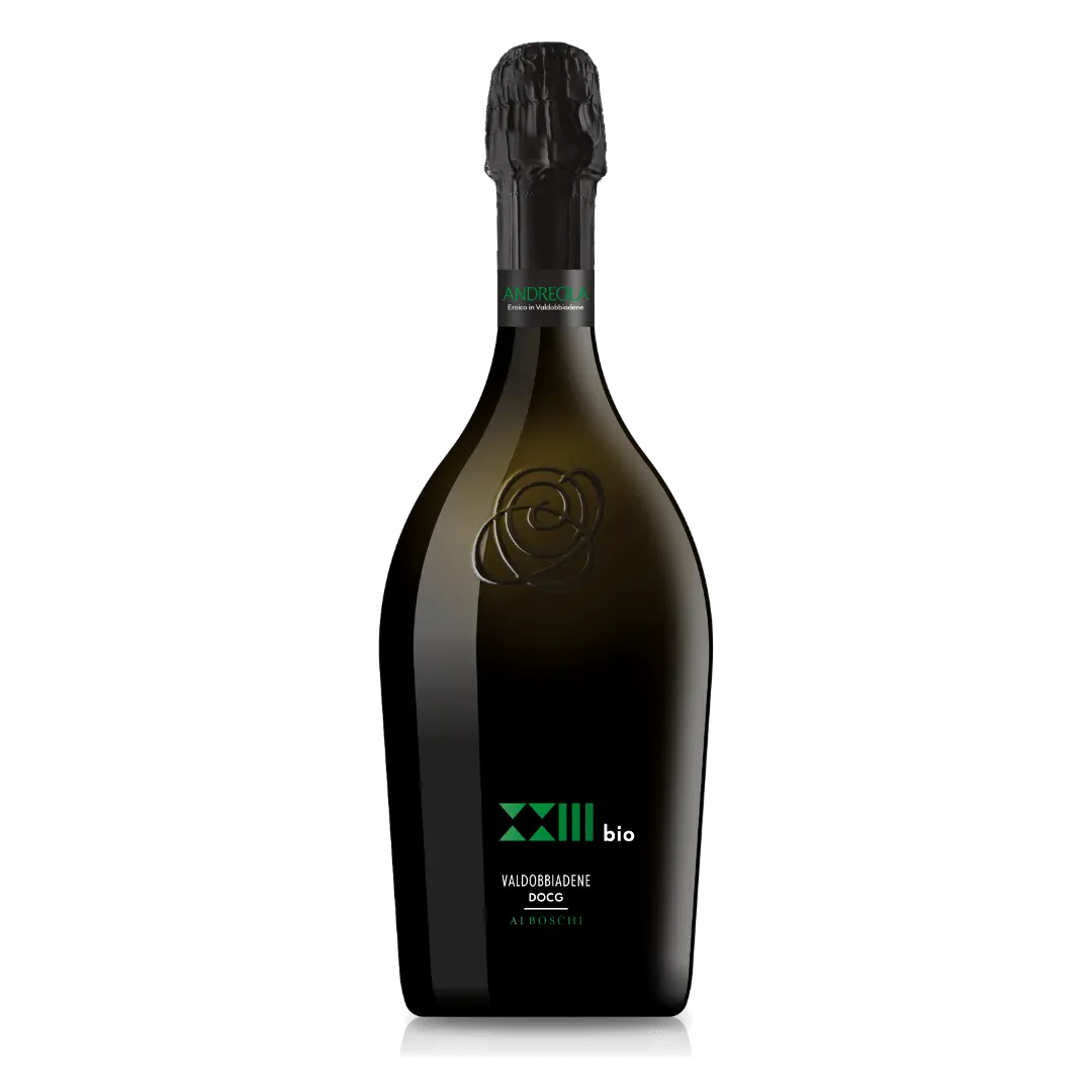 Sticla de prosecco brand XXIII BIO, crama Andreola cu ambalaj negru