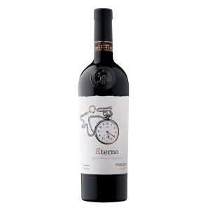 Sticla de vin rosu Eterno Barbanera , ambalaj Alb, imagine cu ceas de buzunar si text negru