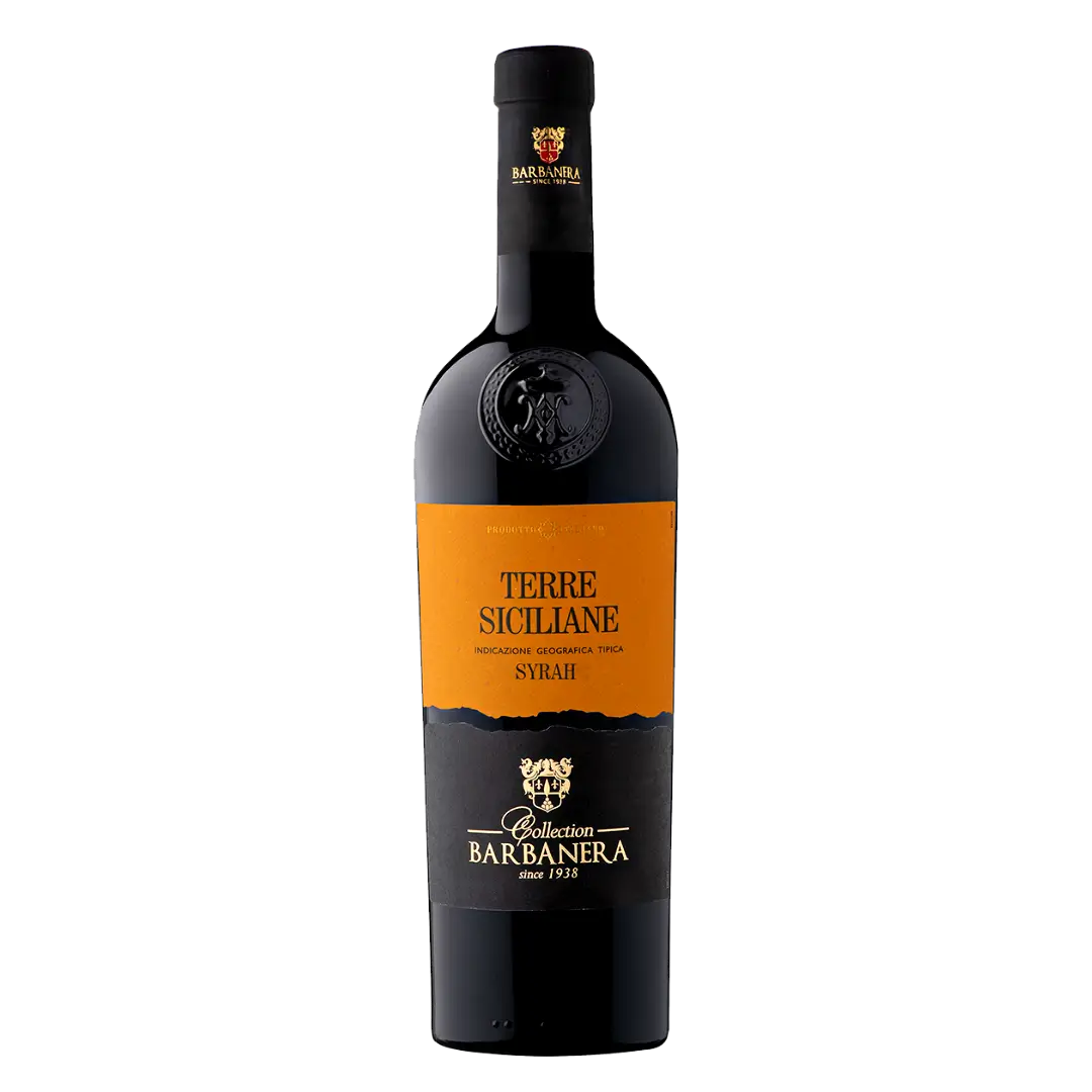 Sticla de vin rosu brand Terre Siciliane, crama Barbanera cu ambalaj portocaliu si negru